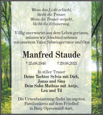 Traueranzeige von Manfred Staude von lausitzer_rundschau