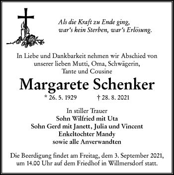 Traueranzeige von Margarete Schenker von lausitzer_rundschau