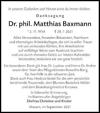 Traueranzeige von Matthias Baxmann von lausitzer_rundschau