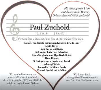 Traueranzeige von Paul Zuchold von lausitzer_rundschau