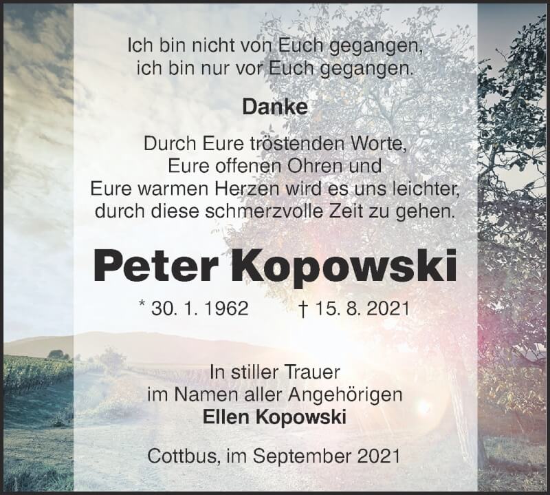  Traueranzeige für Peter Kopowski vom 18.09.2021 aus lausitzer_rundschau