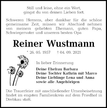 Traueranzeige von Reiner Wustmann von lausitzer_rundschau