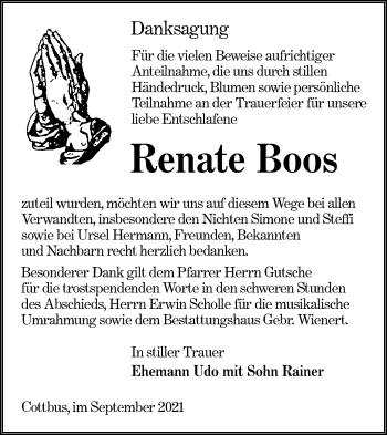 Traueranzeige von Renate Boos von lausitzer_rundschau