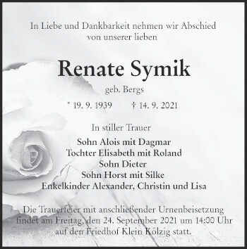 Traueranzeige von Renate Symik von lausitzer_rundschau