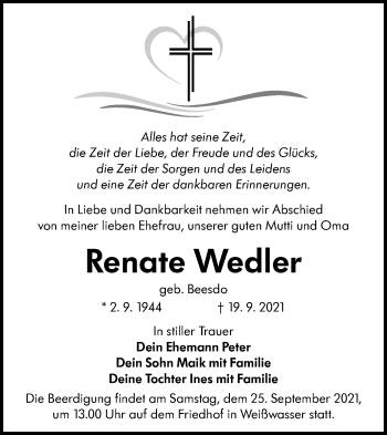 Traueranzeige von Renate Wedler von lausitzer_rundschau