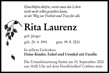 Traueranzeige von Rita Laurenz von lausitzer_rundschau