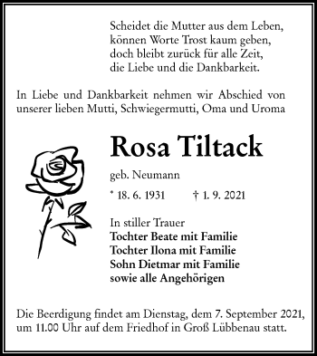 Traueranzeige von Rosa Tiltack von lausitzer_rundschau
