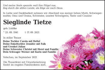 Traueranzeige von Seiglinde Tietze von lausitzer_rundschau