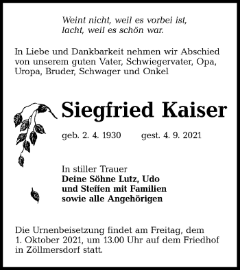 Traueranzeige von Siegfried Kaiser von lausitzer_rundschau