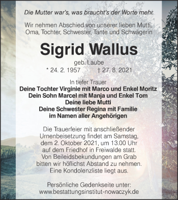 Traueranzeige von Sigrid Wallus von lausitzer_rundschau