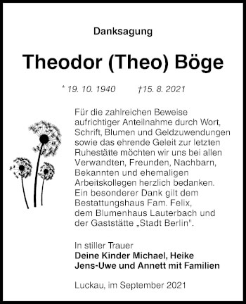 Traueranzeige von Theodor Böge von lausitzer_rundschau