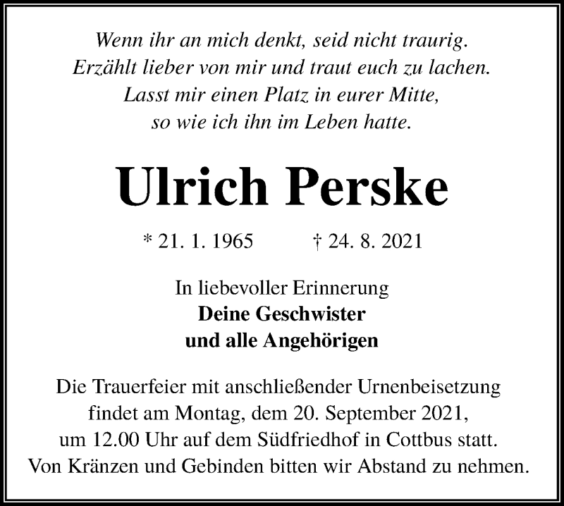  Traueranzeige für Ulrich Perske vom 04.09.2021 aus lausitzer_rundschau
