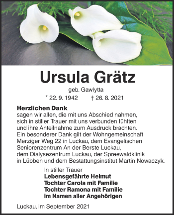 Traueranzeige von Ursula Grätz von lausitzer_rundschau