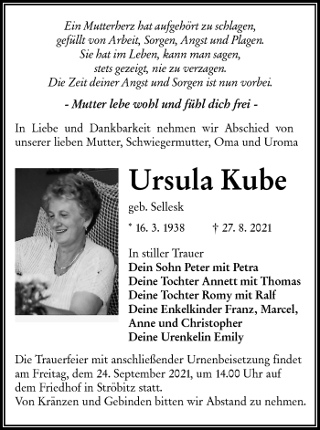 Traueranzeige von Ursula Kube von lausitzer_rundschau