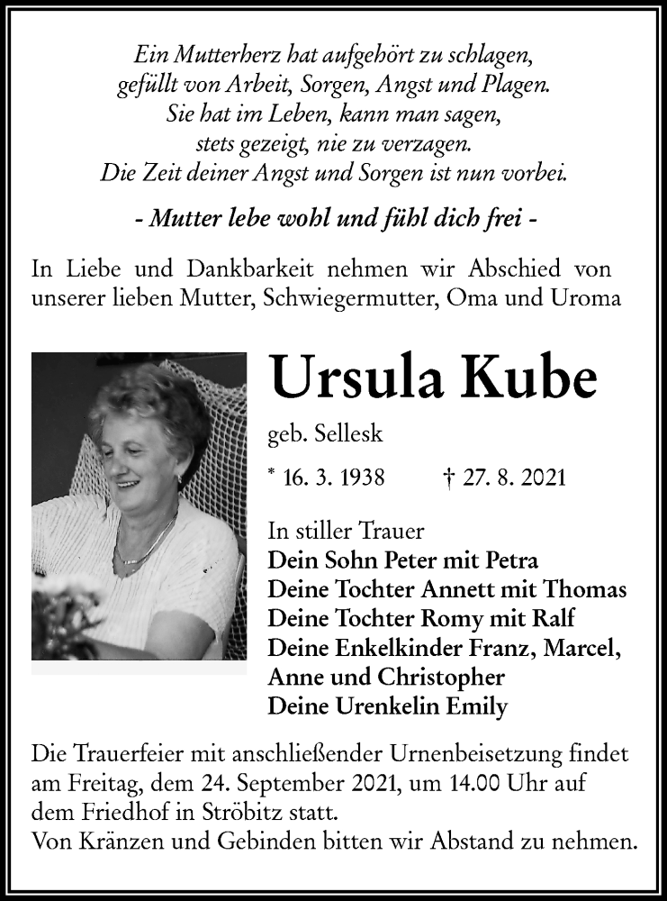  Traueranzeige für Ursula Kube vom 11.09.2021 aus lausitzer_rundschau