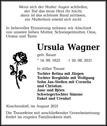 Traueranzeige von Ursula Wagner von lausitzer_rundschau