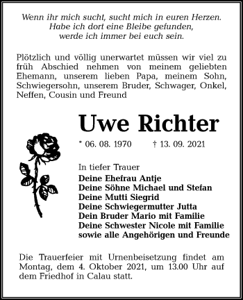 Traueranzeige von Uwe Richter von lausitzer_rundschau