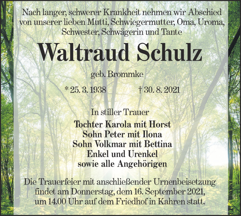  Traueranzeige für Waltraud Schulz vom 04.09.2021 aus lausitzer_rundschau