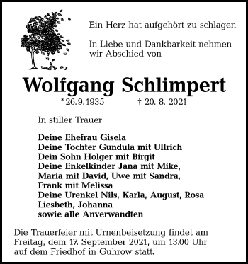 Traueranzeige von Wolfgang Schlimpert von lausitzer_rundschau