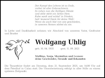 Traueranzeige von Wolfgang Uhlig von lausitzer_rundschau