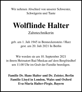 Traueranzeige von Wolflinde Halter von lausitzer_rundschau