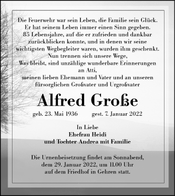 Traueranzeige von Alfred Große von lausitzer_rundschau