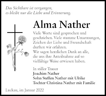 Traueranzeige von Alma Nather von lausitzer_rundschau