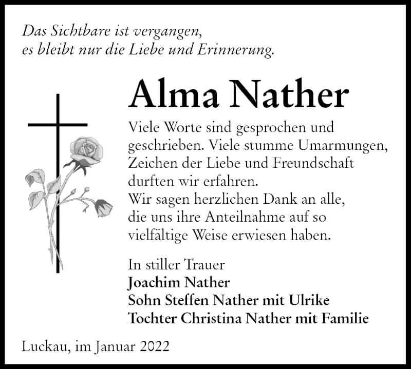  Traueranzeige für Alma Nather vom 22.01.2022 aus lausitzer_rundschau