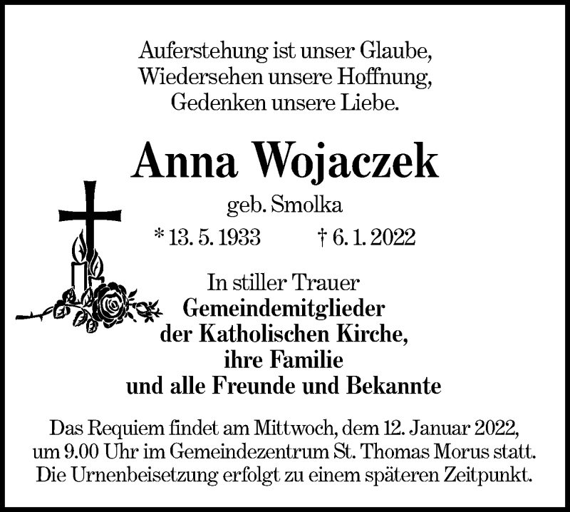  Traueranzeige für Anna Wojaczek vom 08.01.2022 aus lausitzer_rundschau