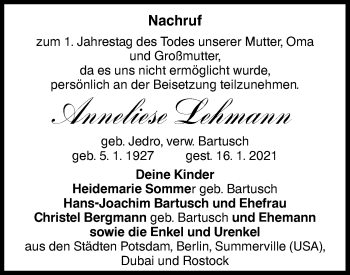 Traueranzeige von Anneliese Lehmann von lausitzer_rundschau