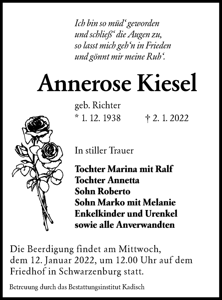  Traueranzeige für Annerose Kiesel vom 05.01.2022 aus lausitzer_rundschau