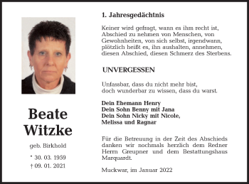 Traueranzeige von Beate Witzke von lausitzer_rundschau