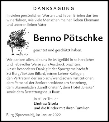 Traueranzeige von Benno Pötschke von lausitzer_rundschau