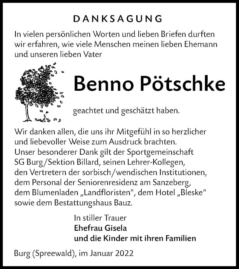  Traueranzeige für Benno Pötschke vom 22.01.2022 aus lausitzer_rundschau
