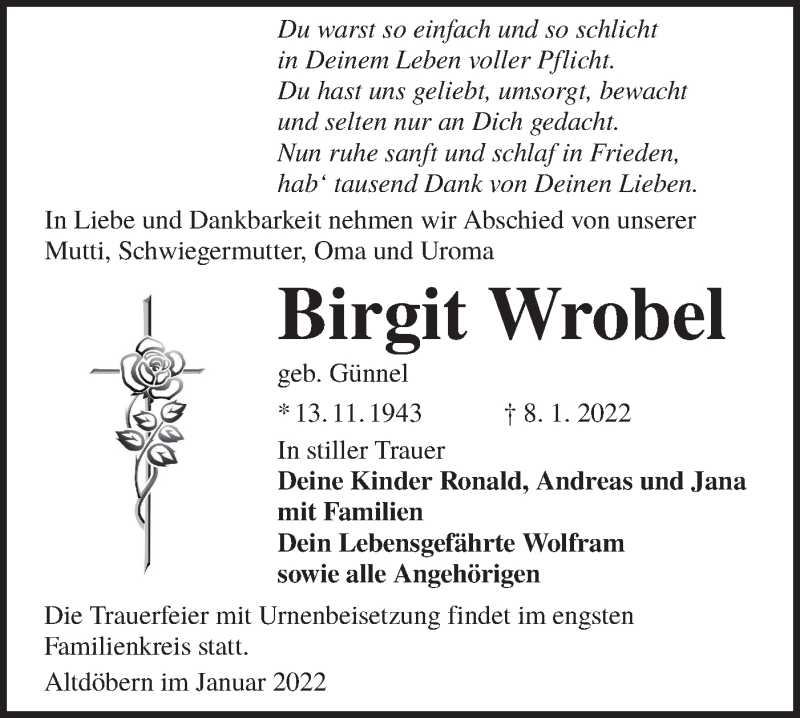  Traueranzeige für Birgit Wrobel vom 15.01.2022 aus lausitzer_rundschau