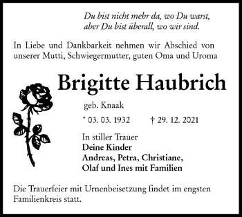 Traueranzeige von Brigitte Haubrich von lausitzer_rundschau