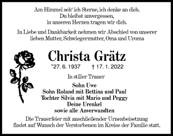 Traueranzeige von Christa Grätz von lausitzer_rundschau