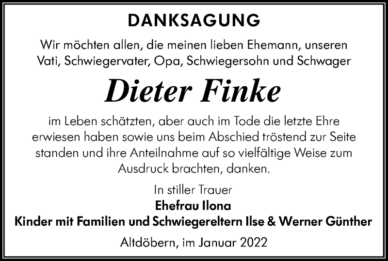  Traueranzeige für Dieter Finke vom 29.01.2022 aus lausitzer_rundschau