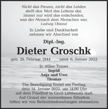 Traueranzeige von Dieter Groschk von lausitzer_rundschau