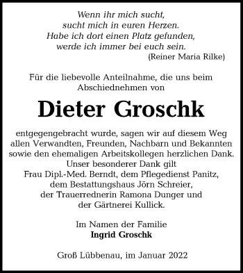 Traueranzeige von Dieter Groschk von lausitzer_rundschau