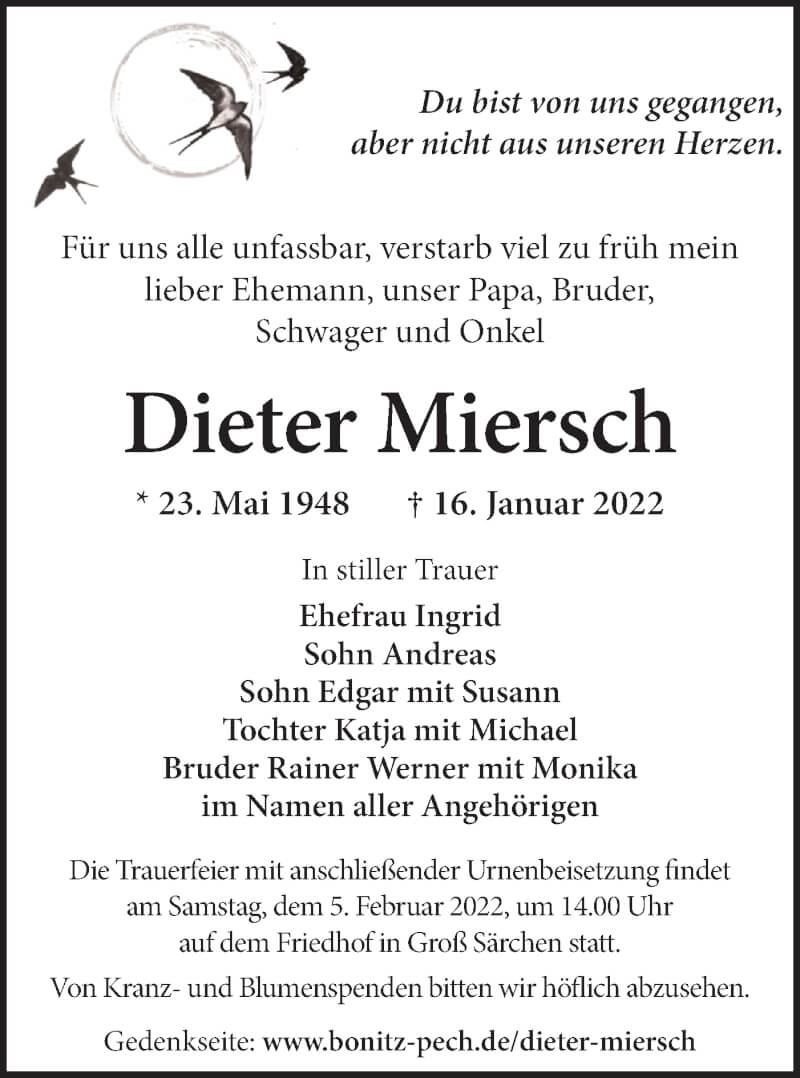  Traueranzeige für Dieter Miersch vom 22.01.2022 aus lausitzer_rundschau