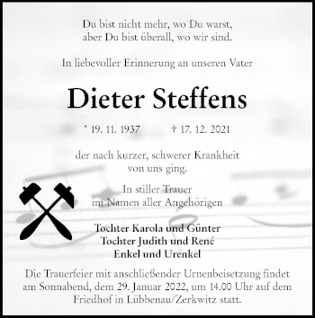 Traueranzeige von Dieter Steffens von lausitzer_rundschau