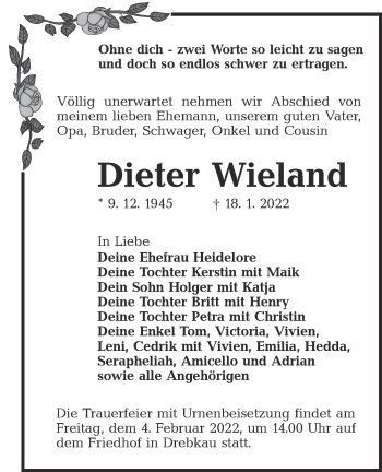 Traueranzeige von Dieter Wieland von lausitzer_rundschau