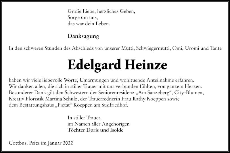  Traueranzeige für Edelgard Heinze vom 22.01.2022 aus lausitzer_rundschau