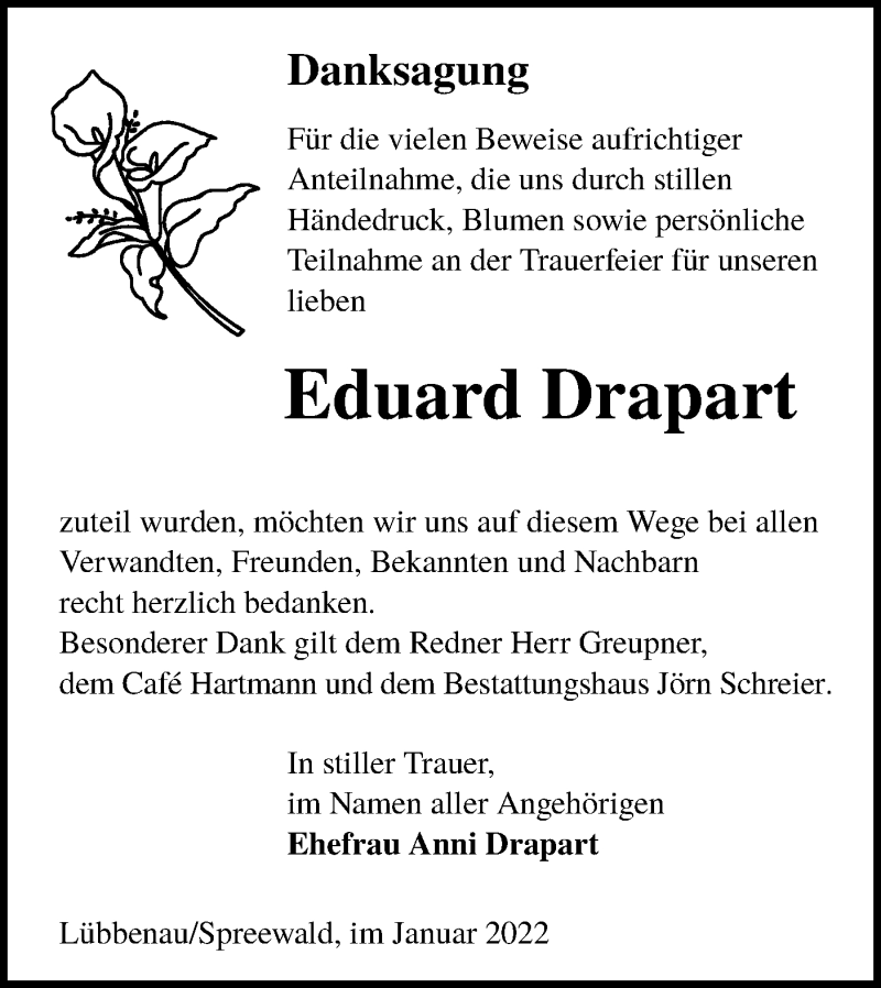  Traueranzeige für Eduard Drapart vom 29.01.2022 aus lausitzer_rundschau