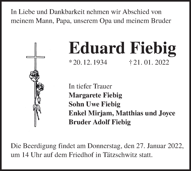  Traueranzeige für Eduard Fiebig vom 26.01.2022 aus lausitzer_rundschau