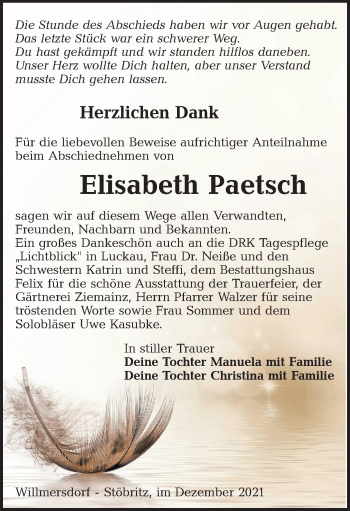 Traueranzeige von Elisabeth Paetsch von lausitzer_rundschau