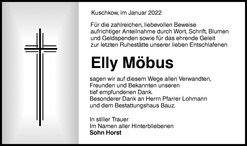  Traueranzeige für Elly Möbus vom 20.01.2022 aus lausitzer_rundschau