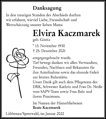 Traueranzeige von Elvira Kaczmarek von lausitzer_rundschau
