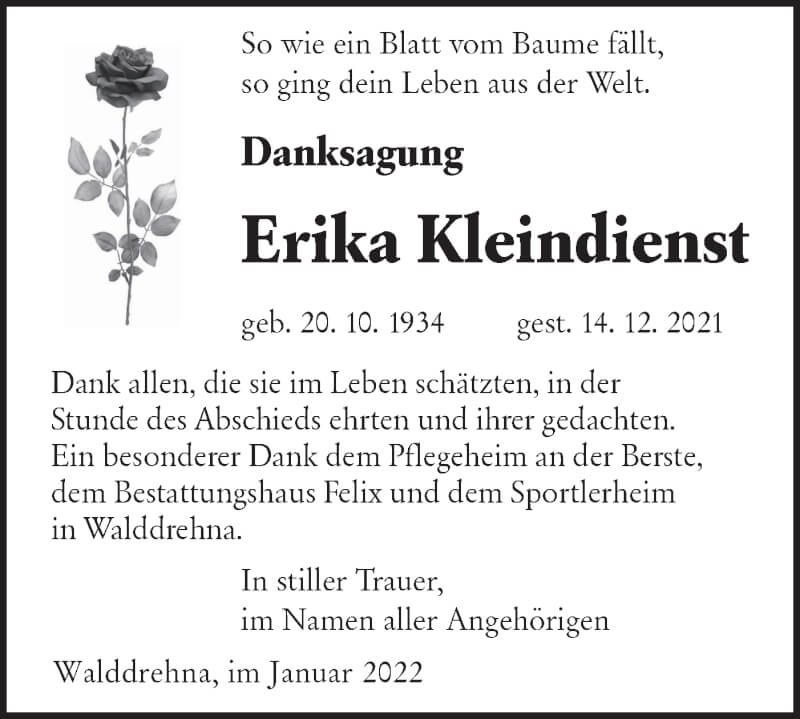  Traueranzeige für Erika Kleindienst vom 22.01.2022 aus lausitzer_rundschau